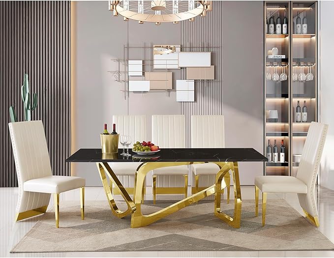 AUZ White Leather Dining Chairs Set of 4, Glam White and Gold Dining Room Chairs with Gold Legs and Nail Head Trims