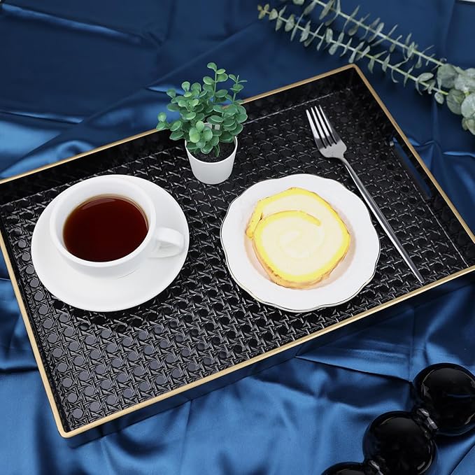 Black Decorative Coffee Table Tray, Rectangular Plastic Serving Tray with Handles for Living Room, Ottoman, Bathroom, 15.7"*10.2"
