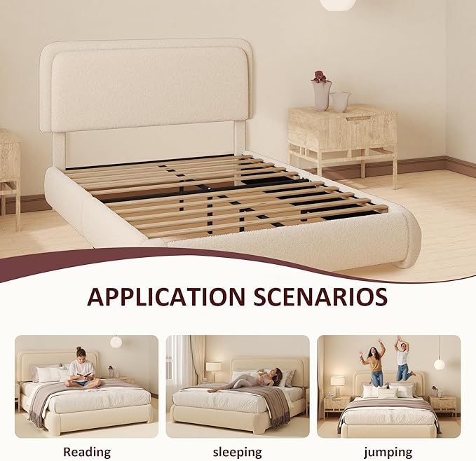 Queen Boucle Platform Bed Frame with Height Adjustable Headboard, Modern Upholstered Cloud Bed, Sleek Curved Design, No Box Spring Needed, Noise Free, Easy Assembly, Beige