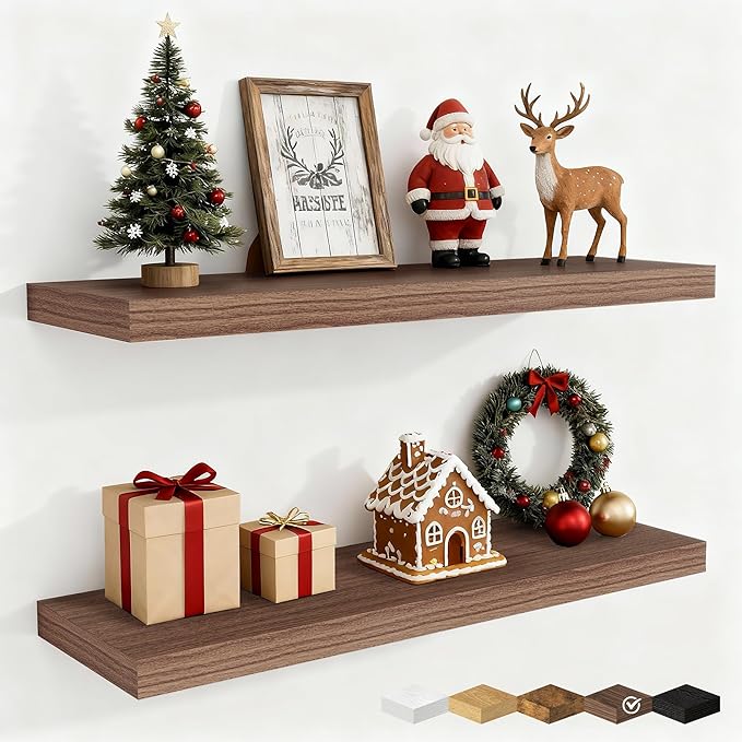 Fun Memories Floating Shelves for Wall, 32 Inch Rustic Wood Wall Mounted Shelves for Bathroom, Bedroom, Kitchen, Living Room, Deep Floating Shelves for Storage & Home Decor (Walnut, Set of 2)