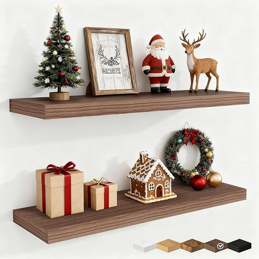 Fun Memories Floating Shelves for Wall, 32 Inch Rustic Wood Wall Mounted Shelves for Bathroom, Bedroom, Kitchen, Living Room, Deep Floating Shelves for Storage & Home Decor (Walnut, Set of 2)