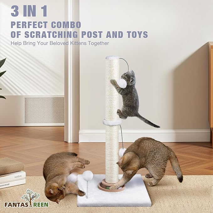 31" Cat Scratching Post Kitten Toys for Indoor Cats, Interactive Cat Scratcher with Catnip Balls, Sisal Scratch Rope for Large Cats, White