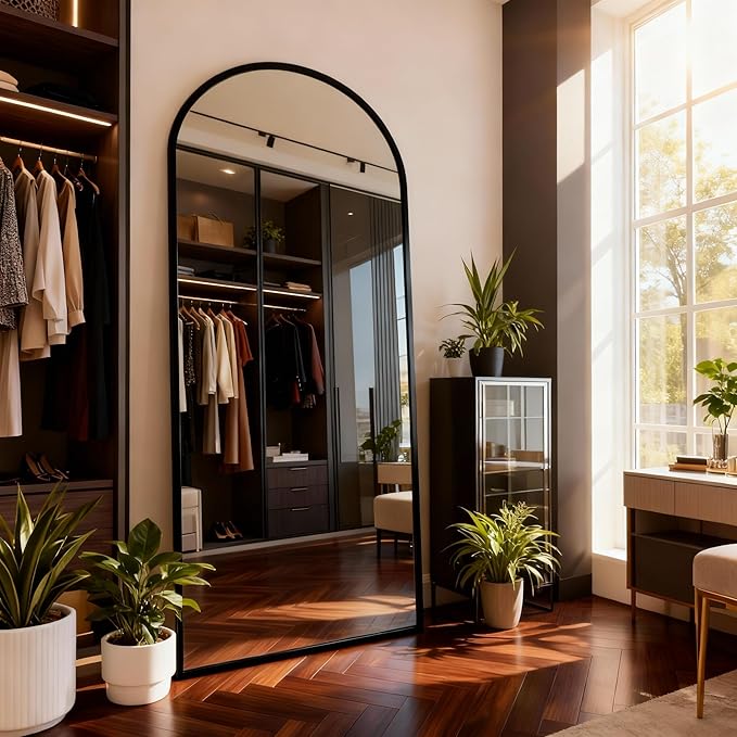 Arched Full Length Mirror,71" L x 32" W Floor Mirror, Aluminum Alloy Frame, Shatterproof Glass - Free Standing, Leaning or Wall Mounted for Bedroom, Living Room, Entryway, Modern Home (Black)