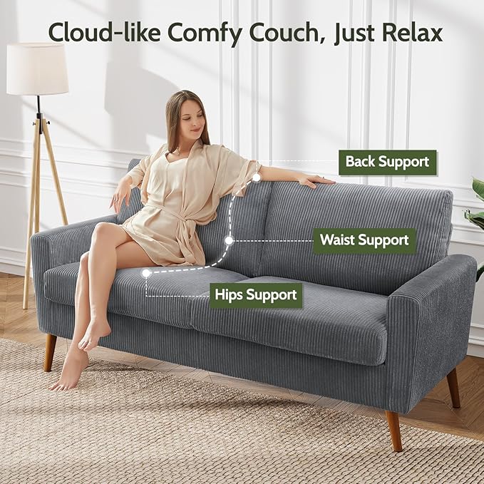 WEUP 68" Loveseat Sofa Grey Corduroy Couch, Mid Century Modern Love Seat Couches for Living Room, Small Loveseat for Bedroom Office, Comfy Sofa with Spring Cushion, Solid Wood, Tool-Free Assembly
