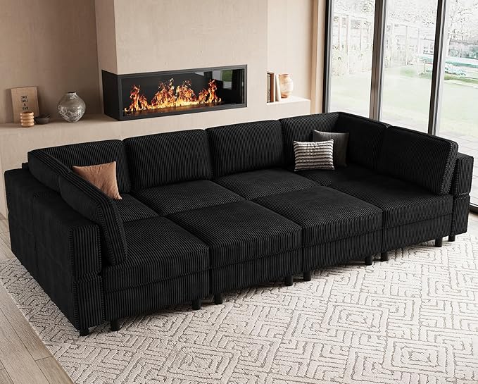 114.2" 8 Seat Modular Sectional Sofa with Deep Storage Seat, Comfy Corduroy Sectional Couch Convertible Modular Sleeper Sofa Couch with Movable Ottoman Chaise, Black