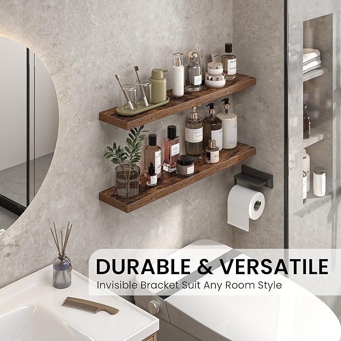 Heimlove Floating Shelves for Wall 32 Inch,Mounted Storage Wood Shelves with Invisible Brackets Hanging Shelf for Bedroom Living Room Kitchen Office,Set of 2,Rustic Brown