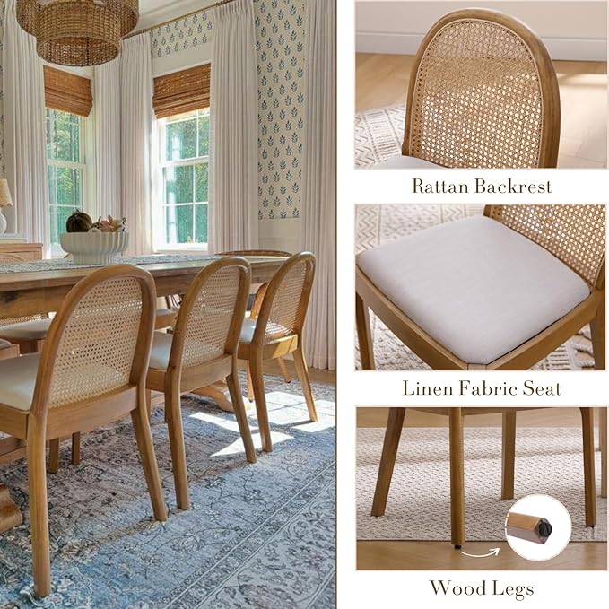 HEAH-YO Rattan Dining Chairs Set of 4, Upholstered Linen Dining Room Chairs with Backrests, Modern Kitchen Chairs with Wood Legs for Dining Room, Beige