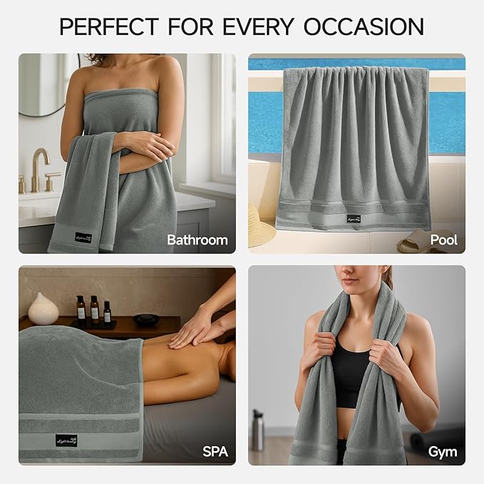 REDKISS Large Bath Towels Set 2 Piece, 100% Cotton, 31x63 in,Heavyweight 760GSM, Highly Absorbent & Quick Dry, Super Soft Luxury Bath Towel for Bathroom,Hotel Collection - Gray