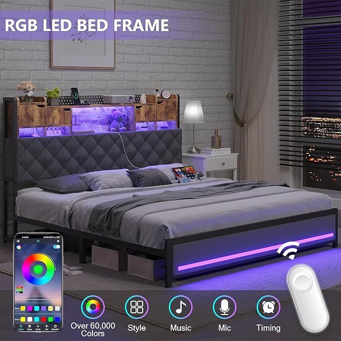 Queen Bed Frame with Upholstered Headboard, Bed Frame Queen Size with Hidden Storage,3-Tier Storage Shelves, LED Lights and Charging Station, Queen Bed with Noise-Free,Gray
