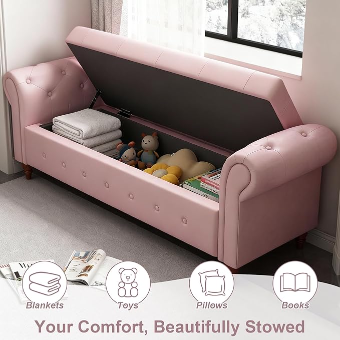GNIXUU Ottoman with Storage Bench for Bedroom, 63" Velvet Upholstered End of Bed Storage Bench Seat, Rolled Arm Cushioned Ottoman with Wood Legs, Modern Window Chair for Living Room, Entryway, Pink
