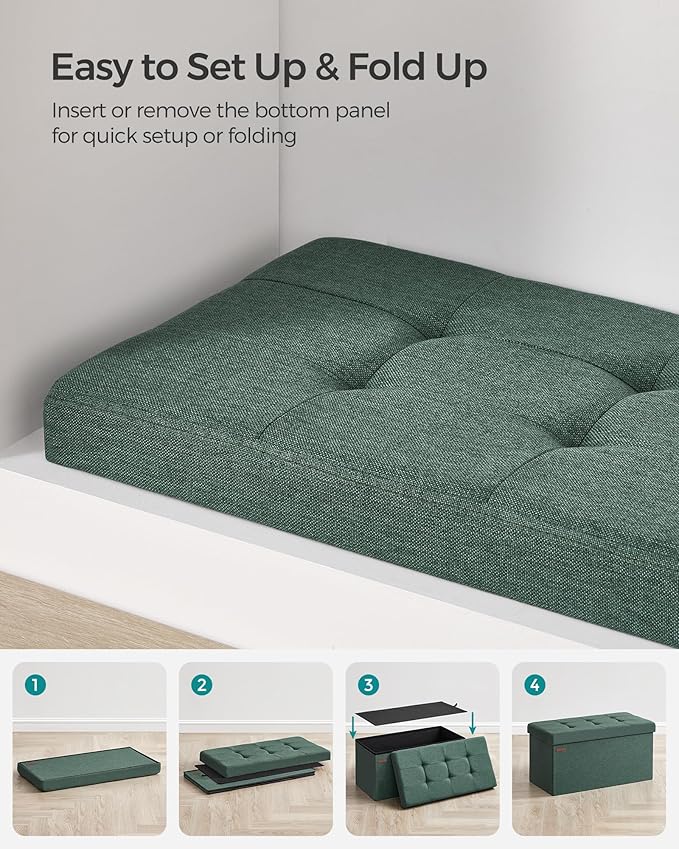 SONGMICS Mazie Collection - 30 Inches Folding Storage Ottoman Bench, Ottoman Foot Rest, End of Bed Bench, Storage Chest, Load 660 lb, for Living Room, Bedroom, Entryway, Retro Green ULSF047C01