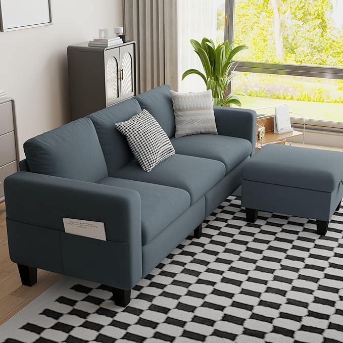 Sectional Sofa Couches for Living Room - 78''Convertible Modular Three-Seater L-Shaped Pet-Friendly Couch,Washable Sofa Cover-Bench Storage, Suitable for Small Living Room, Apartment,Office-Blue-Gray