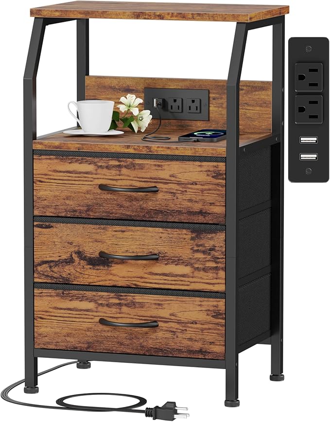 Furnulem Night Stand Set of 2, 28.3 Inch Bedside Table with Charging Station, 3 Fabric Drawers Side Table with Wood Shelf, End Table with USB Ports & Outlets for Bedroom, 3 Ways to Use, Rustic Brown