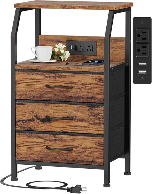 Furnulem Night Stand Set of 2, 28.3 Inch Bedside Table with Charging Station, 3 Fabric Drawers Side Table with Wood Shelf, End Table with USB Ports & Outlets for Bedroom, 3 Ways to Use, Rustic Brown