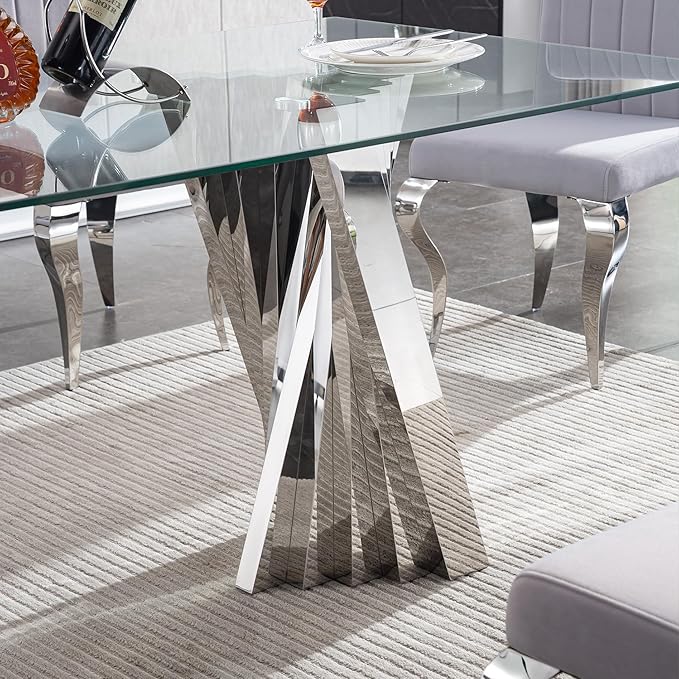 Goujxcy Modern 7 Piece Glass Dining Table Set Luxury Glass Kitchen Table and Chair Set for 6, 70" Large Rectangular Dining Room Table with 6 Tufted Chairs and Stainless Steel Legs (Silver & Grey)