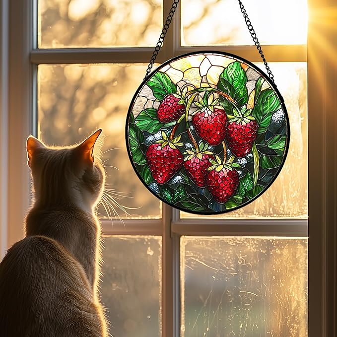 Stained Glass Suncatcher, Red Strawberry Green Leaf Sun Catcher Silver Background Stain Glass Window Hanging Decoration Mother's Day Birthday Gifts for Women Men Mom Nana 9.8 in
