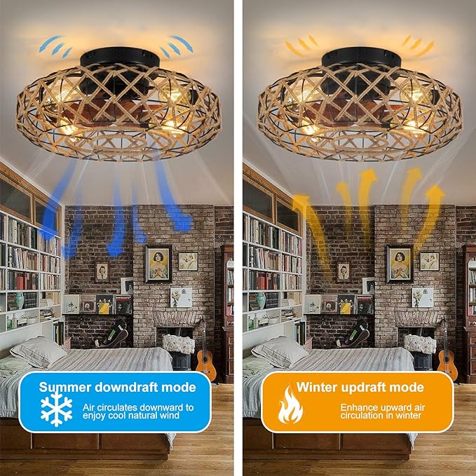 20''Rustic Hemp Rope Caged Ceiling Fans with Lights and Remote Hand-Woven Rattan Flush Mount Ceiling Fan with Light Farmhouse Boho Include Bulbs 6 Speeds Reversible for Bedroom,Kitchen Island