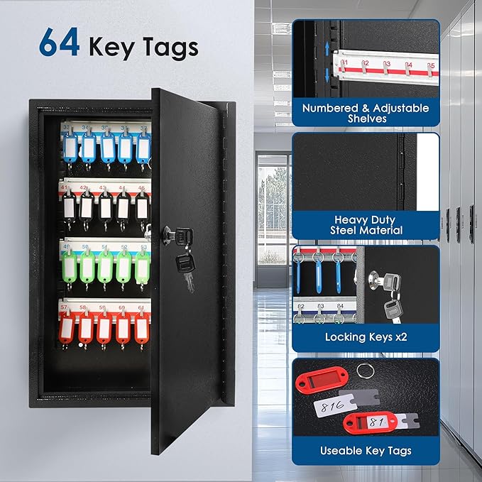 ORIENTOOLS Key Box Steel Key Safe Cabinet, Wall Mount Key Holder Lock Box with Key Tags, Key Organizer Ideal for Home, Hotels, Valets and Office Key Storage (64 Keys, Black)