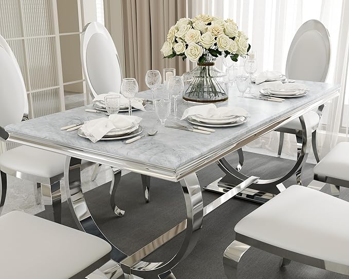 Asday 72 inch Modern Dining Room Table with Silver Stainless Steel Metal U-Base in Grey Silver