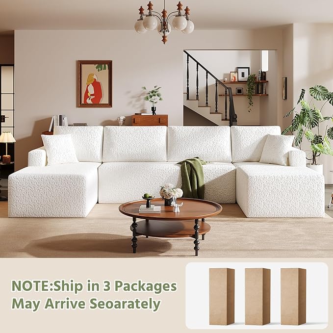 140" Modular U-Shaped Sectional Sofa, 7-Seater Cloud Couch with Double Chaise, Modern Sleeper Sofa,No Assembly Sectional Cloud Boneless Sofa Couches for Living Room/Apartment