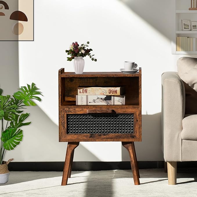 Lerliuo Rattan Nightstands Set of 2, Boho Side Table with Drawer Open Shelf, Cane Accent Bedside End Table with Solid Wood Legs for Bedroom, Dorm and Small Spaces (Brown)