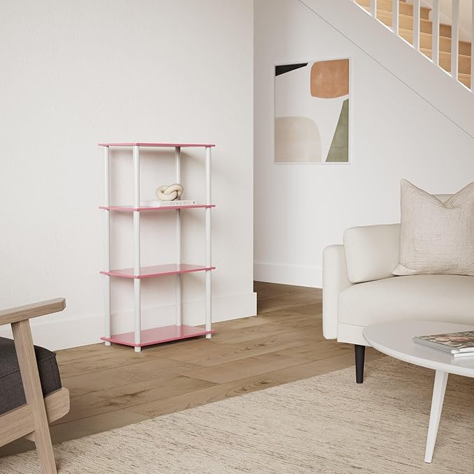 Furinno Turn-N-Tube 4-Tier Multipurpose Shelf Display Rack, Round Tubes, Pink/White