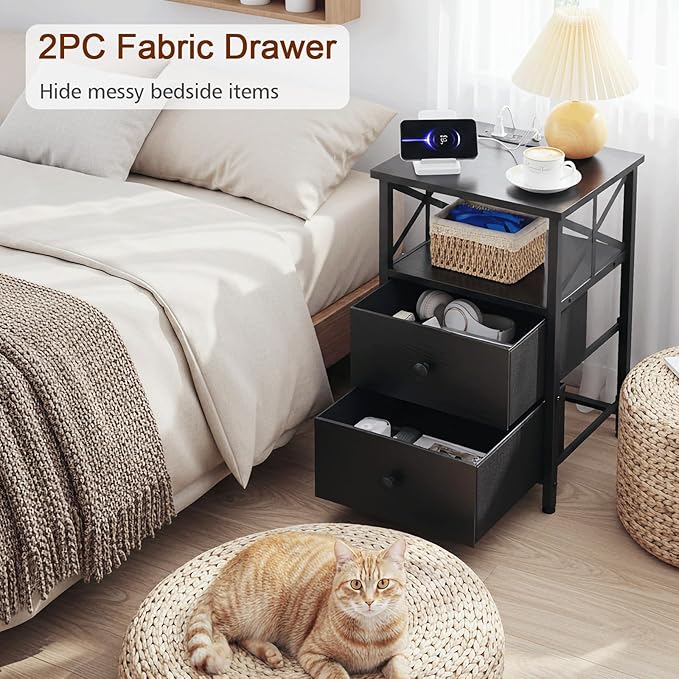 AMHANCIBLE Night Stand Set 2, LED Nightstand with Charging Station, End Tables Living Room with Fabric Drawers, Bedside Table for Bedroom, Black, HET052LBK