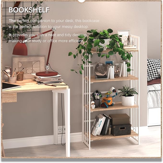 4NM No Assembly 4 Tiers Folding Bookshelf, 47.2" H Foldable Storage Shelves Vintage Bookcase Standing Racks Study Organizer Home Office - Natural White