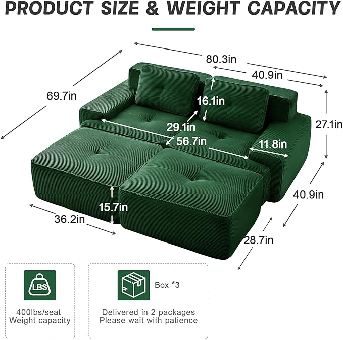 80" Modern Compressed Boneless Love Seat Couches with 2 Ottomans, 2 Seater Large Sectional Couches for Living Room, Green Corduroy Cloud Modular Sectional Sofa, Memory Foam, Deep Loveseat, No Assembly