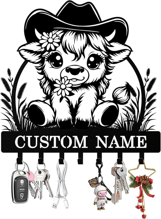 Personalized Key Holder Wall Mount, Custom Metal Highland Cow Keys Holder for Wall with Name, Wall Key Hanger Rack with Hooks for Entryway, Front Door, Living Room, Kitchen, Bathroom, Garden