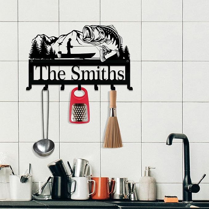 NIWAHO Personalized Family Name Metal Wall Sign with Hooks – Bass Fishing Key Rack Holder Wall Mount Customized Name for Entryway, Mudroom, Kitchen, or Bathroom Decor