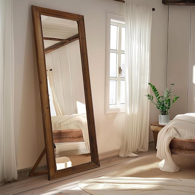 MELOMOIR Rustic Farmhouse Full Length Mirror, 64"x21" Wood Frame Floor Mirror, Free Standing Mirror Leaning Hanging Mirror, Long Mirror for Bedroom Living Room Cloakroom, Wood