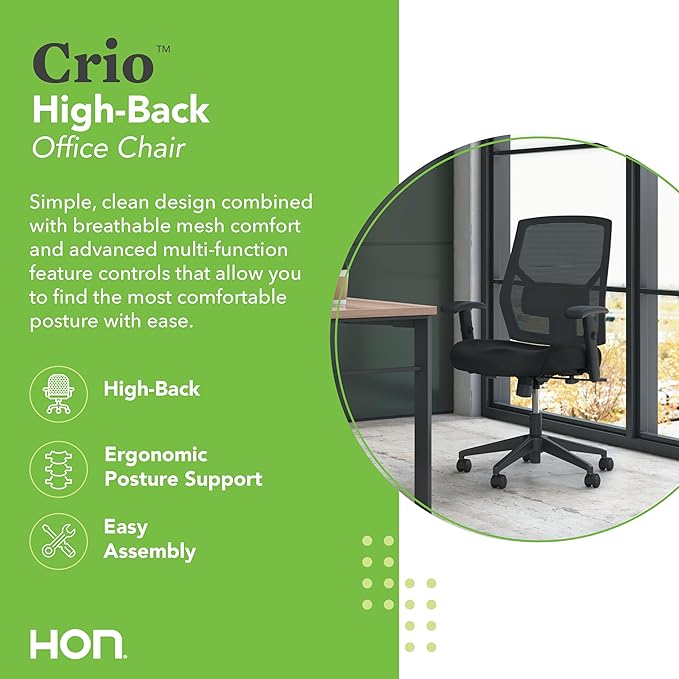 HON Crio Ergonomic Office Chair, High Back Task Chair with Adjustable Arms, Lumbar Support, 360 Swivel, Center-Tilt Recline, for Desks, Computers, Home Office, Black