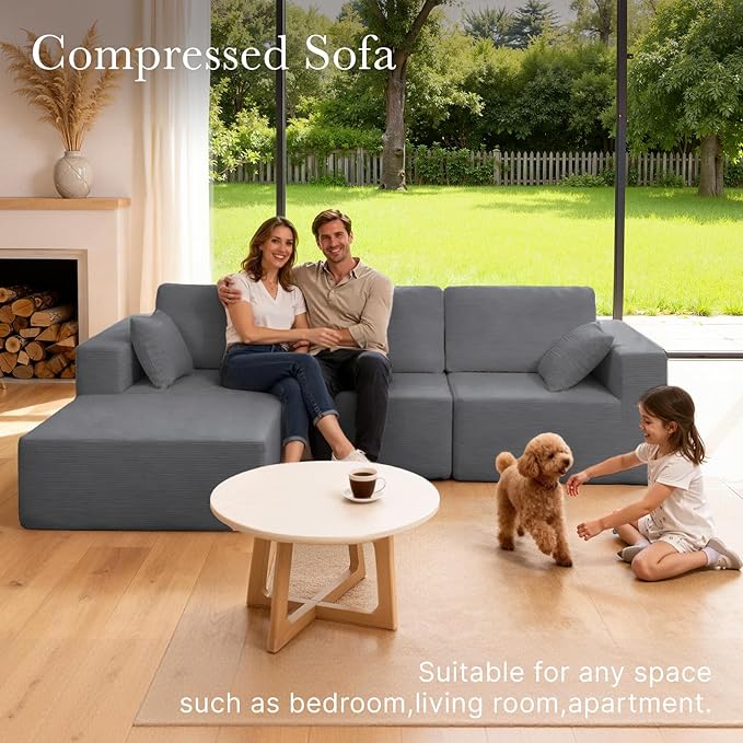 108” Modular Sectional Sofa Couch with Ottoman, 3-Seater Boneless Couch, L Shape Sectional Sofa Compressed Sofa for Living Room Bedroom, No Assembly Needed (Grey, 3 Seats+1 Ottoman)