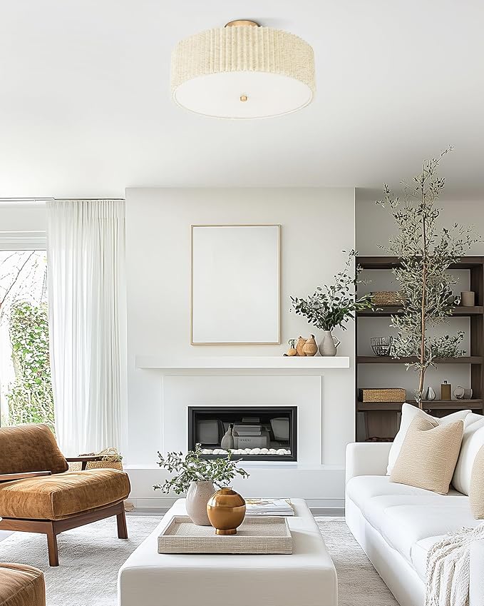 Semi Flush Mount Ceiling Lights, 4-Light 18" Gold Light Fixtures Ceiling Mount with Pleated Linen Fabric Shade, Drum Lighting Fixture for Nursery Hallway Bedroom Kitchen, AD-25036-4SF-GD-B