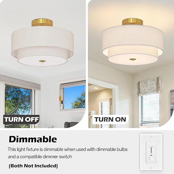 3 Light Semi Flush Mount Ceiling Light Fixture 15.7 Inch Modern Gold Drum Ceiling Light Fixture with 2-Layer Fabric Shade Dimmable Close to Ceiling Light for Living Room Hallway Bedroom Entryway