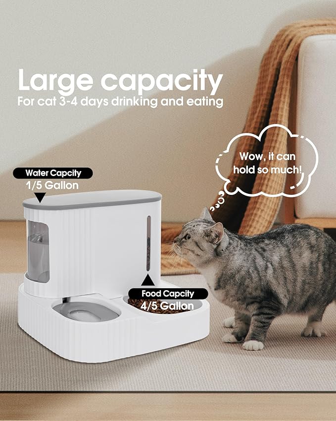 Automatic Cat Feeder,Gravity Auto Timed Pet Dry Food Self Feeding Container Dishes Bowl and Water Dispenser Fountain for Dog Puppy Kitten Kit Set Integrated 2 in 1 Continuous Tray(Grey)