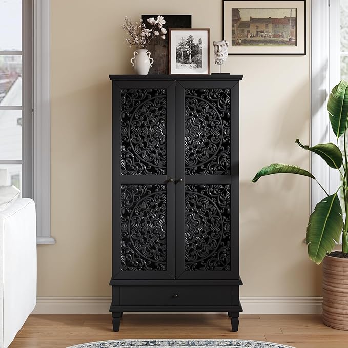 Rustic 55'' Tall Storage Cabinet with 2 Hollow-Carved Doors a Drawer, Wood Accent Cabinet with Solid Wood Legs for Living Room, Hallway, Dining Room (Black-T)