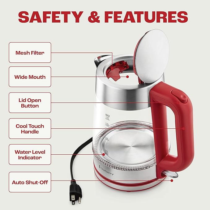 Electric Kettle for Boiling Hot Tea & Water | 1.8L Stainless Steel Borosilicate Glass Boiler With No Plastic, Automatic Shutoff, BPA Free, Fast Heating Technology