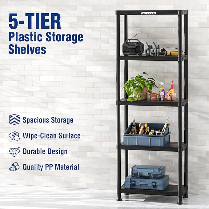 WORKPRO 5-Tier Plastic Storage Shelves, 500lb Capacity Shelving Unit, 67.1" H x 23.9" W x 12" D, Storage Rack for Garage, Home, Pantry, Office, Laundry, Tool-Free Assembly, Black