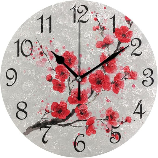 Wall Clock Retro Red Cherry Blossom Silent Non-Ticking Decorative Round Wall Clocks Battery Operated for Office Home Living Room Kitchen Bedroom 10 Inch