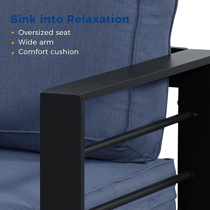 Wisteria Lane Aluminum Outdoor Patio Furniture Set, Modern Patio Conversation Sets, Outdoor Sectional Metal Sofa with 5 Inch Cushion and Coffee Table for Balcony, Garden, Black Frame & Blue Cushion