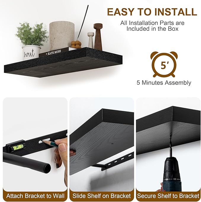 Fun Memories Deep Black Floating Shelves, 8 Inch Deep Floating Shelf for Wall, Rustic Black Wall Shelves 55 Inch Long, Large 55 x 8 Storage Shelves for Living Room, Bedroom, Kitchen