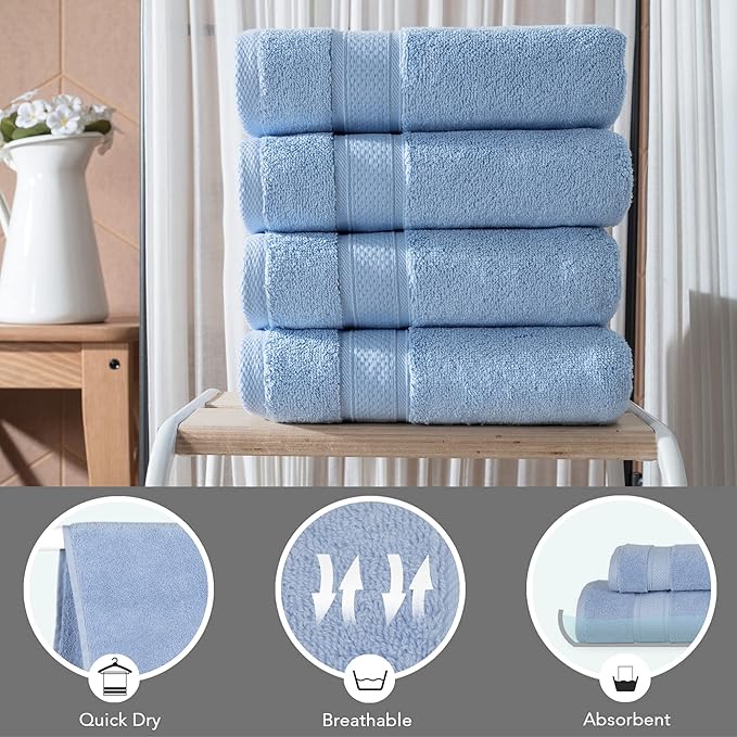 NOVA Luxury Linen - Hotel Quality Turkish Towel Set for Bathroom (4 Pcs Hand Towel Set, Sky Blue)