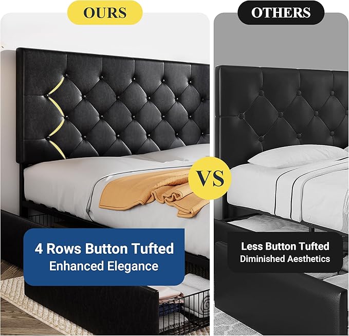 Allewie Upholstered Full Size Platform Bed Frame with 4 Storage Drawers and Headboard, Diamond Stitched Button Tufted, Mattress Foundation with Wooden Slats Support, No Box Spring Needed, Black