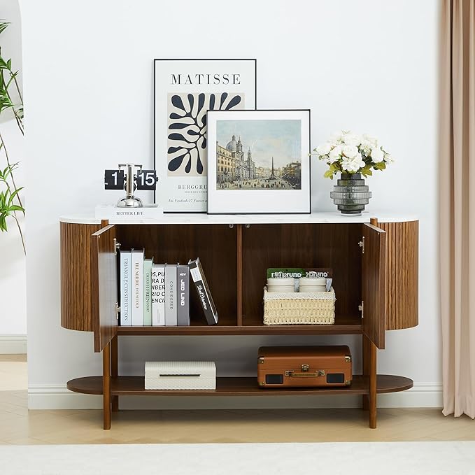 Console Table with Storage, Fluted Entryway Table with 2 Doors and Open Shelf, Long Sofa Table Behind Couch for Living Room, Hallway (Walnut)