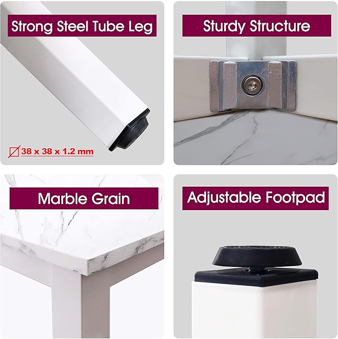 55 inch Large Computer Desk Wood, Modern Simple Style Desk for Home Office, Bedroom, Study Student Writing Desk, Small Spaces, White Metal Frame, Marble Grain Top