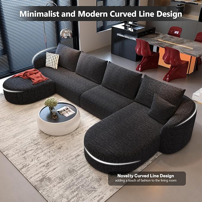 138.6" Modular Sectional Couches Luxury Modern Curved Back U-Shape Sofa Set with Ottoman,Minimalist Comfy Boneless Cloud Couch for Living Room Apartment,(Right Facing Chaise,Black)