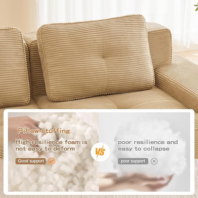 115.3'' Sectional Sofa, 32D Foam Corduroy Boneless Couch with Pillow, Deep Seat Wide Arm Sectional L Shaped Couch for Living Room, Apartment, Bedroom