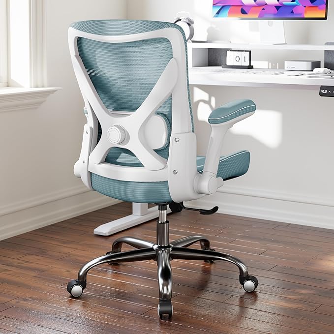 Office Home Ergonomic Desk Chair-Computer X-Shaped Chair Mesh PU Leather with Adjustable Lumbar Support-Executive Chair High Back Flip-Up Arms for Long Hours (Sky Blue-No Headrest)